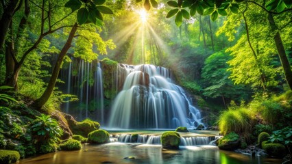 Fototapeta premium Experience nature's tranquility with a mesmerizing waterfall veiled by rich foliage, artistically highlighted in enchanting bokeh photography, perfect for all nature lovers.