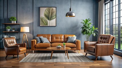 Experience refined comfort in our modern living room featuring a luxurious brown leather sofa and armchair paired beautifully with a sophisticated gray wall.