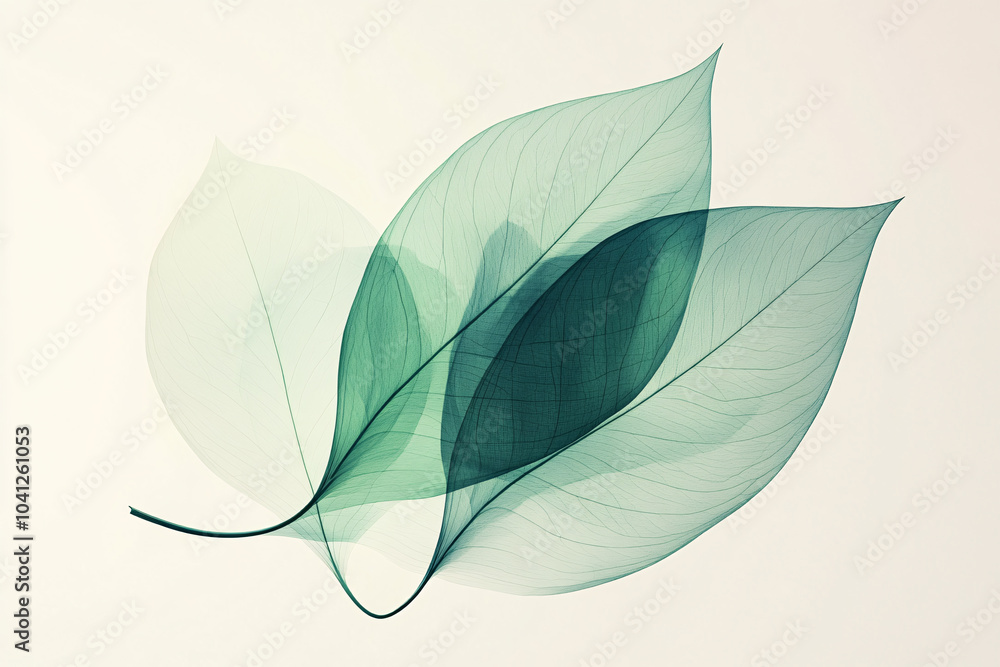 Poster a soft and elegant composition of translucent green leaves overlapping gently on a light background 