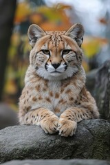 Obraz premium A Close-Up of a Serval Sitting on a Rock with its Paws Folded