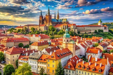 Obraz premium Experience the breathtaking aerial perspective of Pragueâ€™s city skyline, emphasizing the red roofs and magnificent Saint Vitus Cathedral near the iconic Prague Castle.