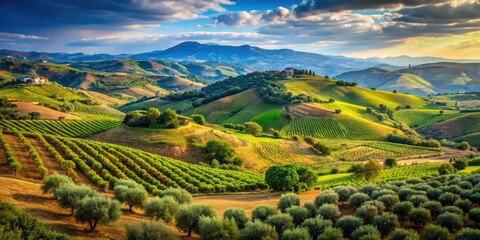 Fototapeta premium Experience the breathtaking beauty of Calabria, where rolling hills, olive groves, and vibrant Mediterranean scenery create a stunning landscape of natural wonder.