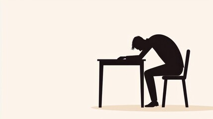 Fototapeta premium Silhouette of a businessman sitting at a desk with head down, stressed, work overload and fatigue