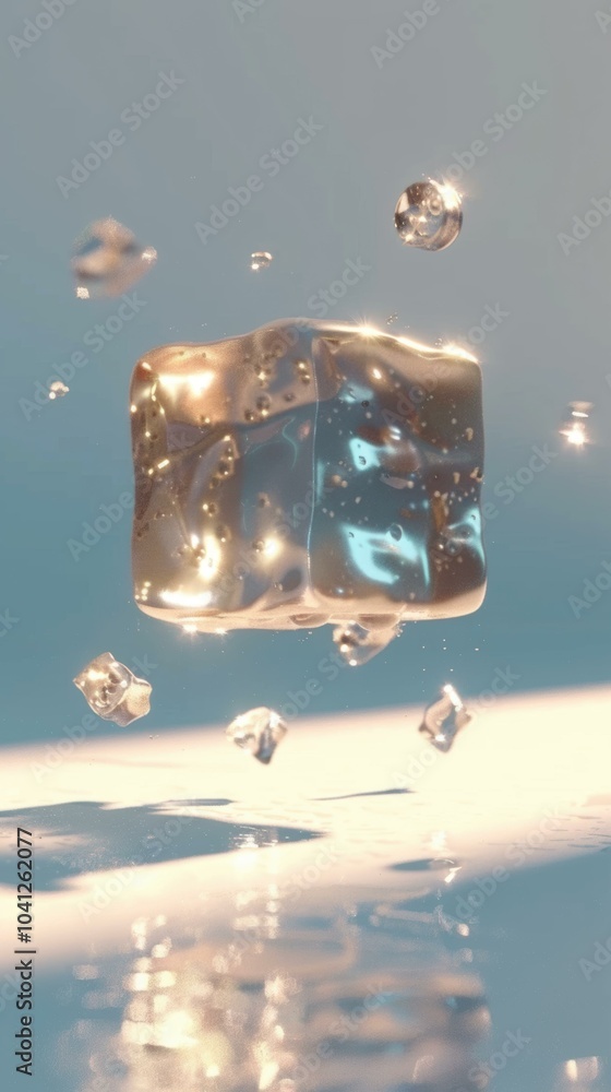Poster a shiny, translucent cube floats above a shimmering surface. ai.