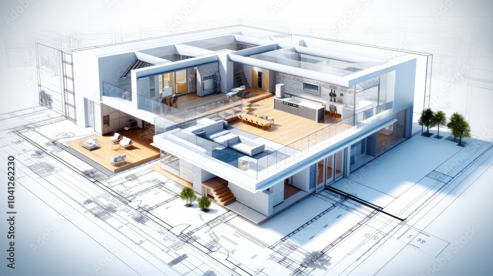Aufkleber vision of architecture of a 3d model house project with blueprint