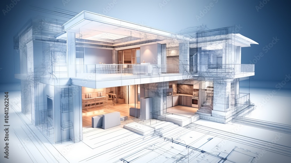 Poster vision of architecture of a 3d model house project with blueprint