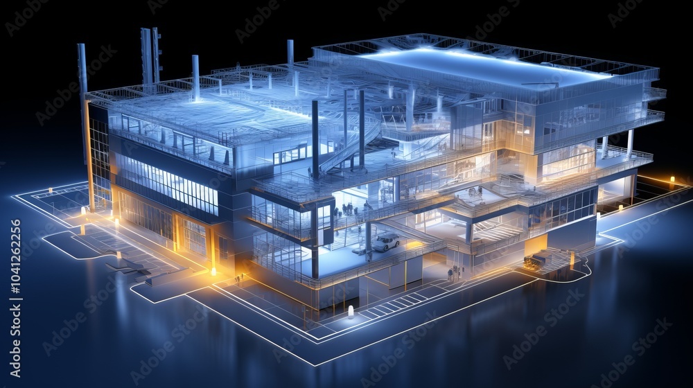 Poster vision of architecture of a 3d model house project with blueprint