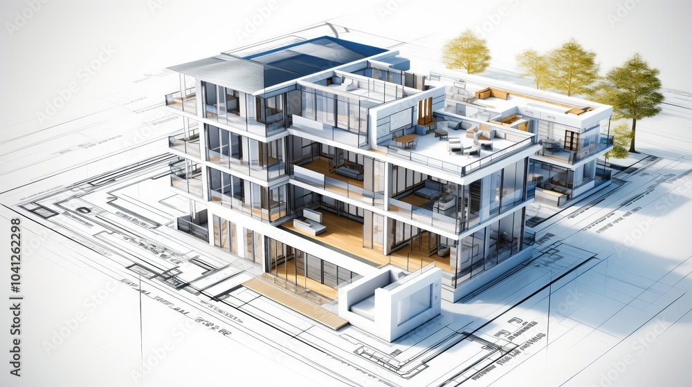 Poster vision of architecture of a 3d model house project with blueprint