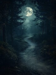 Moonlit Forest Path Guiding the Way Through Mysterious Darkness