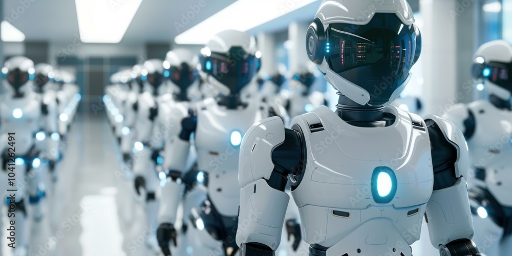 Poster a row of robots stand in formation, their white armor gleaming under the artificial lights. ai.