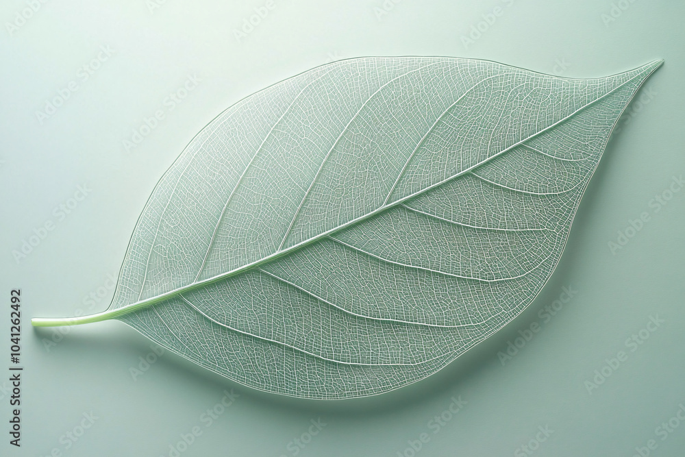 Poster a minimalist view of a leaf skeleton showing delicate veins and intricate details on a soft green ba