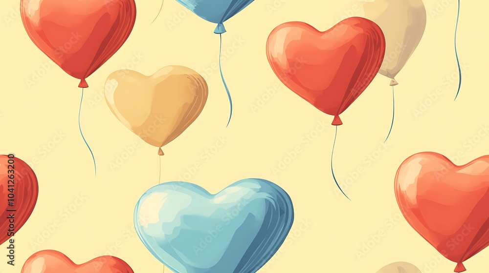 Canvas Prints Vector pattern of heart-shaped balloons, flat design style, pastel yellow background, simple and minimalist approach, repeating seamlessly, clean lines, hd quality, playful and cheerful look.