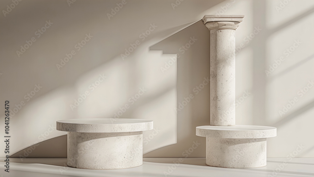 Aufkleber grey pedestals in the form of round columns on a beige background for product presentation, a minima