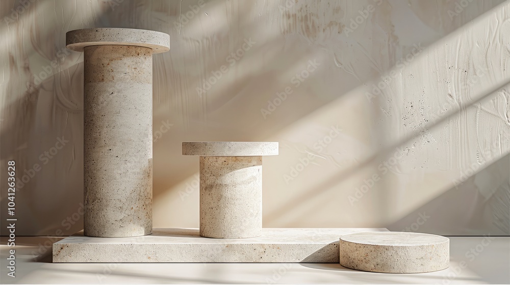 Poster grey pedestals in the form of round columns on a beige background for product presentation, a minima