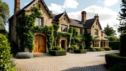 Fototapeta premium Elegant Stone House Surrounded by Lush Greenery