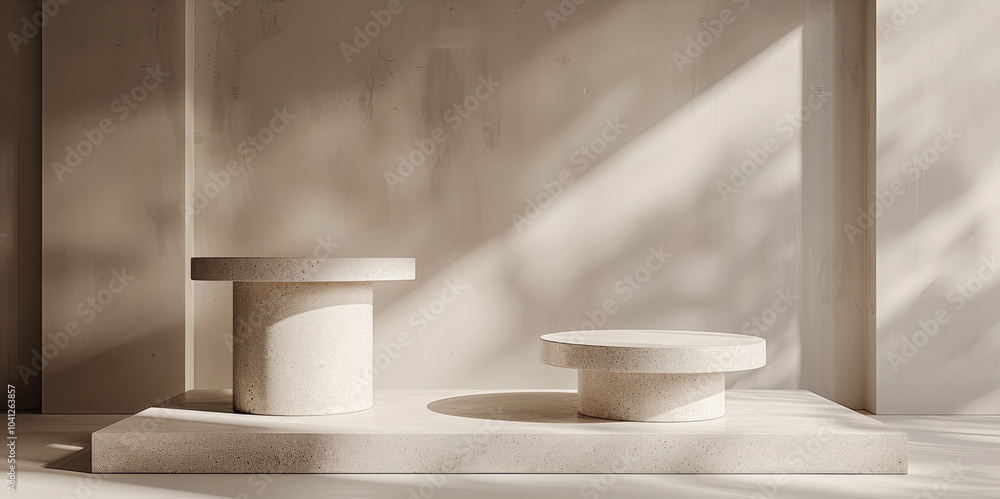 Poster Grey pedestals in the form of round columns on a beige background for product presentation, a minimalist mockup with copy space concept.