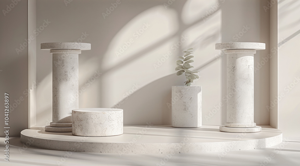 Poster Grey pedestals in the form of round columns on a beige background for product presentation, a minimalist mockup with copy space concept.