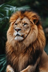 Naklejka premium Close-up Portrait of a Majestic Lion with a Lush Mane