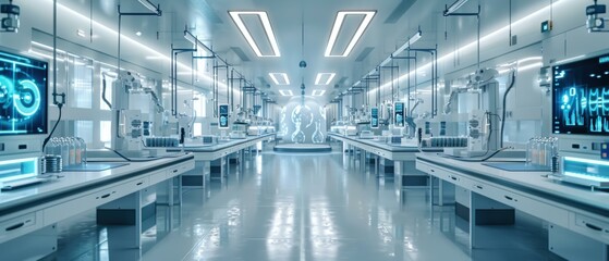 Obraz premium A futuristic laboratory with robotic arms and digital displays. AI.