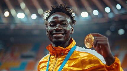 A smiling athlete holds up a gold medal. AI.