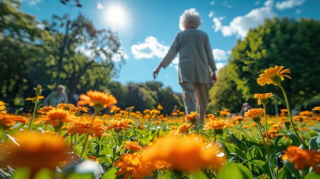 A person walks through a field of yellow flowers on a sunny day. AI.