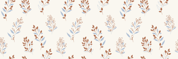Plain seamless pattern with shapes tiny branches leaves, buds with drops. Colorful unique floral print. Vector hand drawn sketch. Nature ornament for designs