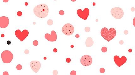 Vector pattern of pink and red polka dots with heart accents, flat design style, minimalist approach, clean lines, bright and bold colors, modern look, hd quality, seamless flow. --ar 16:9 --tile