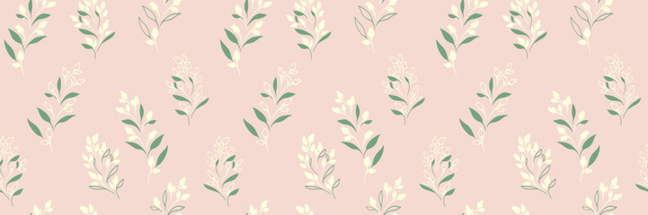 Plain seamless pattern with shapes tiny branches leaves, buds with drops. Plain creative floral print. Vector hand drawn sketch. Nature ornament for designs