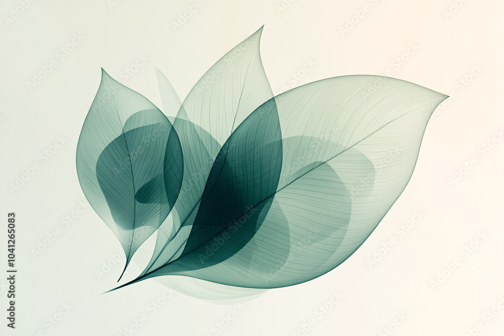 Poster a composition of translucent green leaves overlapping in an abstract style creating a delicate and a