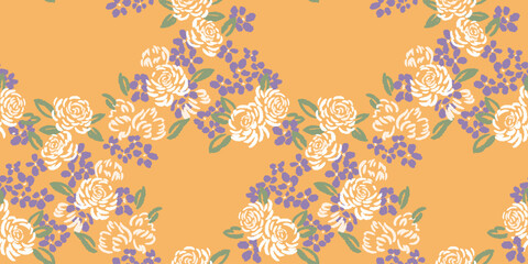 Abstract, artistic shapes rose flowers intertwined in a seamless pattern on a yellow background. Blooming floral are arranged in rhombus. Vector hand drawn sketch.