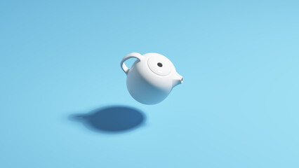 White teapot tea morning cafe breakfast fresh pale blue background 3d illustration render