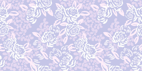 Blossoms seamless pattern with abstract, artistic shapes rose flowers, leaves, buds. Pastel purple floral brush ornament on a violet background. Vector hand drawn sketch.