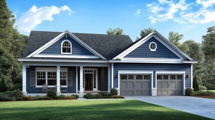 Stunning new home exterior with two-car garage and covered porch on a glorious sunny day. A perfect blend of modern architecture and natural beauty