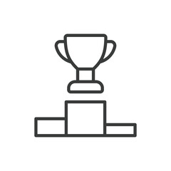 Cup on Prize Podium, in line design. Cup, prize, podium, victory, first place, achievement, award on white background vector. Cup on Prize Podium editable stroke icon