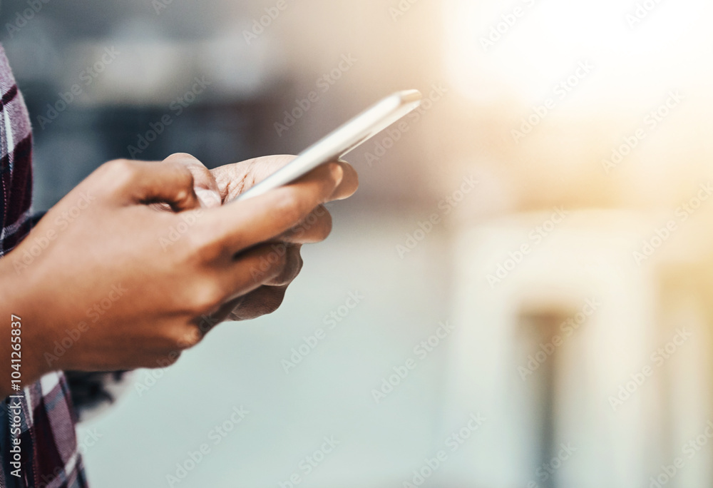 Aufkleber woman, hands and phone of student on social media for communication, texting or networking at campus