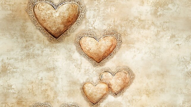 Vintage-style lace pattern with heart motifs, faded tones on an aged parchment background, nostalgic appearance, muted colors, intricate lacework, hd quality, seamless arrangement. --ar 16:9 --tile