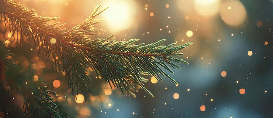 Fototapeta premium Close-Up View of a Lush Evergreen Branch with Sparkling Lights