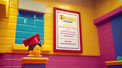 Graduation cap in front of a framed diploma hanging on the wall symbolizing the successful completion of an academic program and the recognition of a scholarly achievement