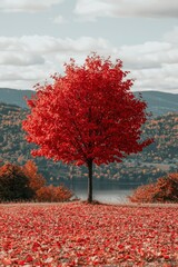 A Single Red Tree Stands Out Against a Background of Fall Foliage and Distant Mountains