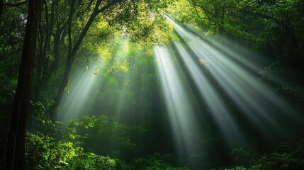 Obraz premium A serene tropical rainforest with beams of sunlight breaking through the dense canopy, symbolizing the vitality of nature