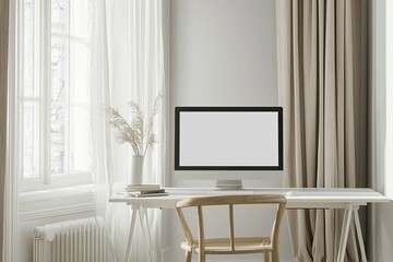 Front view of a blank computer screen on a white desk in a minimal home office interior. A mockup with copy space for text and design elements