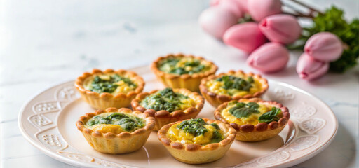 Fototapeta premium Mini spinach quiches arranged on a decorative plate with pink tulips in the background