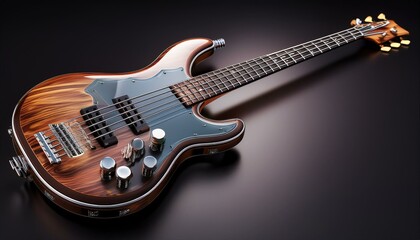 Obraz premium Sleek electric bass guitar with visible strings and tuning pegs, isolated on transparent background, perfect for music advertisements or online store visuals.