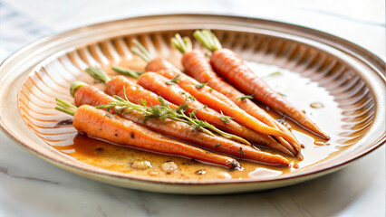 Roasted carrots with herbs in a rustic plate on a marble countertop