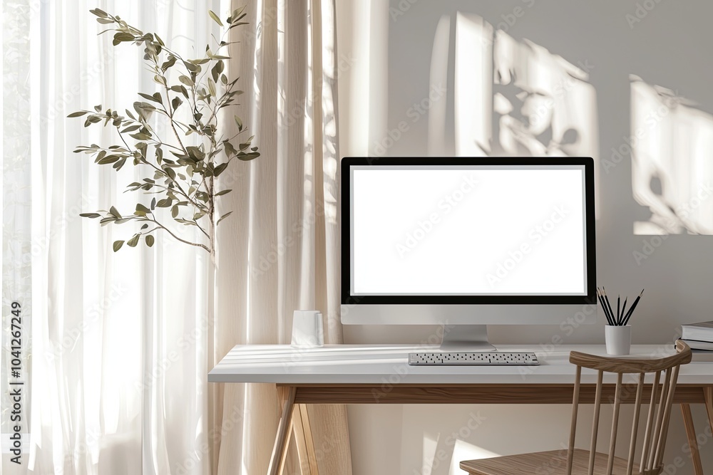 Fototapete Front view of a blank computer screen on a white desk in a minimal home office interior. A mockup with copy space for text and design elements