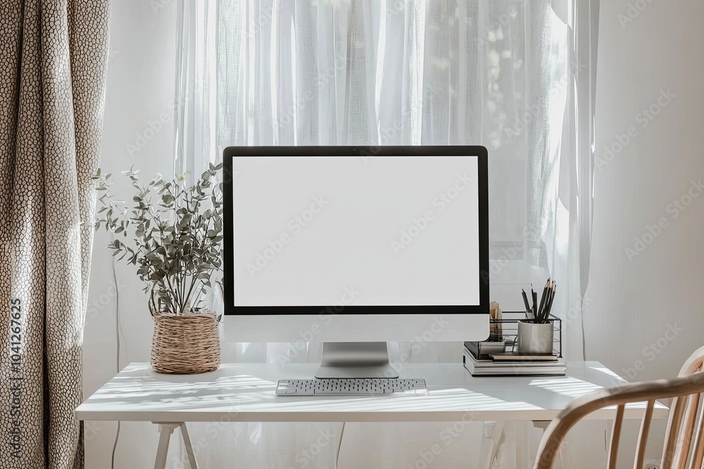 Fototapete front view of a blank computer screen on a white desk in a minimal home office interior. a mockup wi