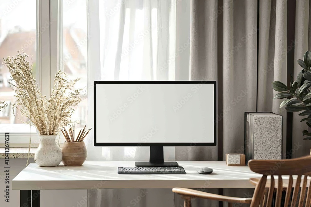 Fototapete front view of a blank computer screen on a white desk in a minimal home office interior. a mockup wi