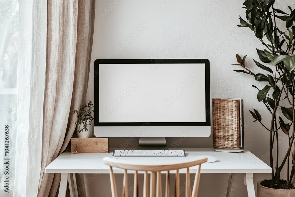 Fototapete front view of a blank computer screen on a white desk in a minimal home office interior. a mockup wi