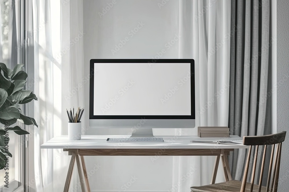 Fototapete front view of a blank computer screen on a white desk in a minimal home office interior. a mockup wi