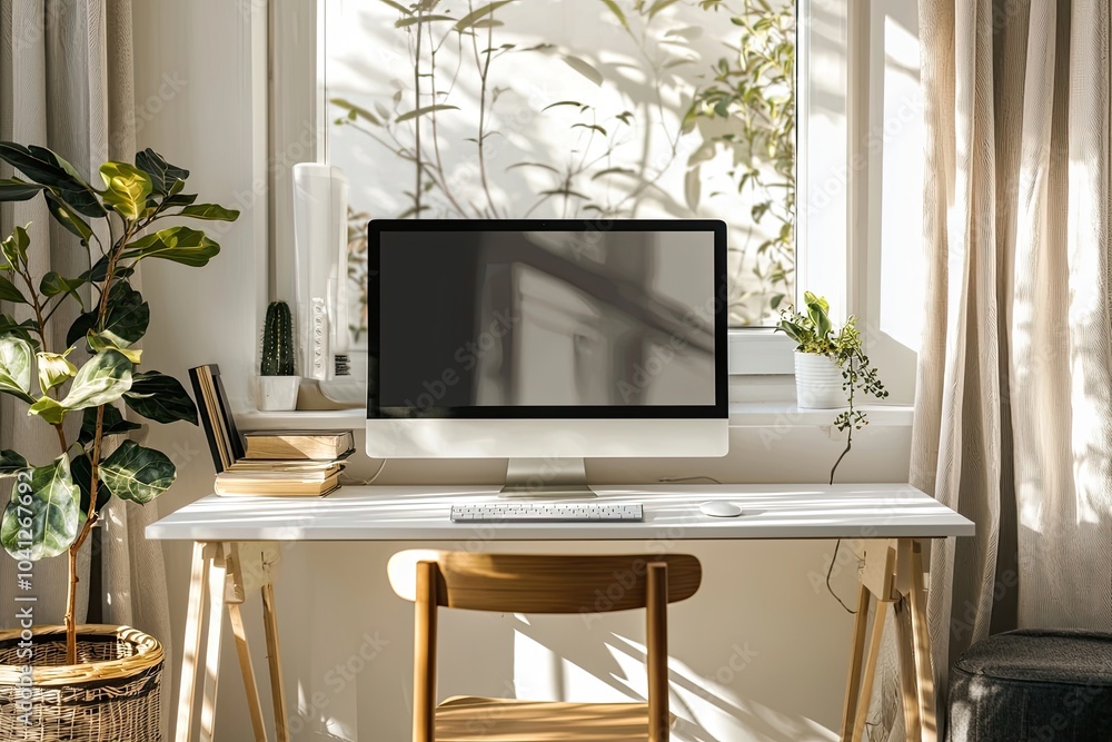 Poster front view of a blank computer screen on a white desk in a minimal home office interior. a mockup wi
